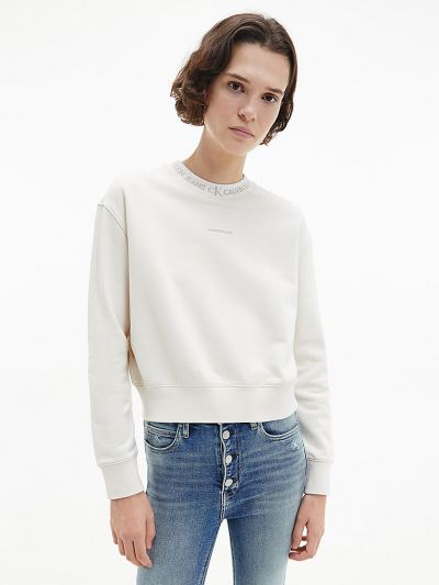 Calvin Klein Ruhák HU633627 | Calvin Klein Organic Cotton Logo Trim Női Pulóver Fehér